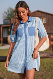 Sky Blue Stripe Color Block Patchwork Shirt Collar Button Down Puff Sleeve Mini Dress