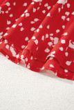 Red Polka Dot Print Frilly Smocked Neck Short Sleeve Blouse