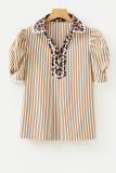 Brown Stripe Ricrac Trim Short Puff Sleeve Leopard Patchwork Collar V Neck Blouse