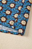 Sky Blue Retro Floral Print V Neck Pleated Detail Short Puff Sleeve Blouse