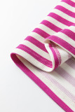Rose Stripe Short Puff Sleeve Contrast Trim Round Neck Tee