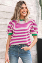 Rose Stripe Short Puff Sleeve Contrast Trim Round Neck Tee
