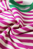 Rose Stripe Short Puff Sleeve Contrast Trim Round Neck Tee