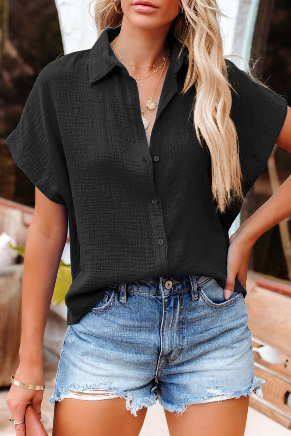 Black Crinkle Cotton Loose Short Sleeve Shirt
