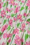Pink Floral Print Contrast Trim V Neck Short Sleeve Elegant Midi Dress
