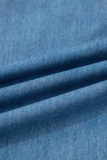 Dusk Blue Ruffled Hem Wide Leg Chambray Pants
