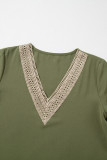 Green Lace Trim V Neck Short Sleeve Blouse