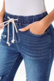 Dark Blue Elastic Waist Straight Leg Destroyed Raw Hem Jeans
