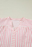 Pink Stripe Print Floral Embroidered Puff Sleeve V Neck Blouse
