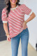 Red Stripe Contrast Trim Round Neck Short Puff Sleeve T Shirt