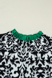 Black Damask Print Ruffled Color Block Detail Half Sleeve Blouse