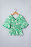 Green Flirty Floral Smocked V Neck Blouse