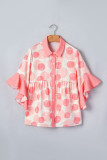 Pink Double Polka Dot Printed Ruffle Trim Short Sleeve Babydoll Shirt