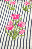 Blue Stripe Floral Embroidered Detail V Neck Short Sleeve Blouse