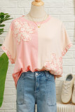 Apricot Color Block Flower Patched Loose T Shirt