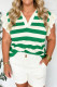 Green Stripe Plus Size Collar V Neck Ruffle Short Sleeve Blouse