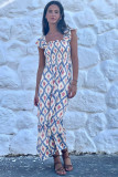 Sky Blue Ethnic Geometric Print Square Neck Smocked High Waist Ruffle Sleeve Dress