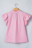 Rose Stripe Short Bubble Sleeve Split V Neck Blouse