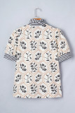 White Floral Print Striped Patchwork Button Neck Short Sleeve Blouse