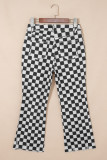 Black Checkerboard Print Distressed Holes Raw Edge Cropped Jeans