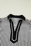 Black Stripe Collared Split Neck Short Bubble Sleeve Blouse
