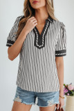 Black Stripe Collared Split Neck Short Bubble Sleeve Blouse