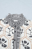 White Floral Print Striped Patchwork Button Neck Short Sleeve Blouse