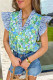 Green Floral Painting Print Striped Patchwork Flutter Sleeve V Neck Blouse