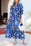 Blue Wild Floral Print Frilled Collar Half Sleeve Long Dress