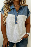 Light Grey Half Buttons Collared Denim Patchwork Plus Short Sleeve Top