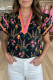 Black Floral Print Contrast Trim Tiered Ruffled Short Sleeve Blouse