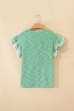 Clearly Aqua Twilled Print Lace Trim Ruffled Short Sleeve Blouse