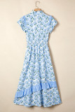 Sky Blue Hydrangea Floral Print Ruffle Trim Flutter Sleeve Long Dress