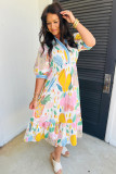 Multicolour Floral Doodle Print Striped Trim V Neck Midi Dress