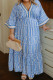Sky Blue Plus Size Geometric Print Contrast Trim V Neck Bracelet Sleeve Long Dress