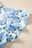 Sky Blue Hydrangea Floral Print Ruffle Trim Flutter Sleeve Long Dress