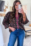 Black Contrast V Neckline Bracelet Sleeve Vintage Floral Blouse