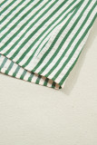 Green Stripe Collared Split Neck Short Bubble Sleeve Blouse
