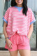 Pink Stripe Contrast Trim Loose Short Sleeve Top