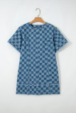 Sky Blue Frayed Hem Checkered Denim Mini Dress