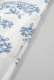 Sky Blue  Plus Size Floral Print Contrast Boho Patchwork V Neck Loose Midi Dress