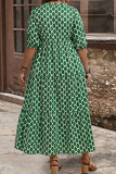 Green Plus Size Geometric Print Pocketed Ruffle Hem Casual Dress