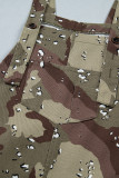 Green Camouflage Print Leopard Detail Loose Denim Overall Cropped Jumpsuit