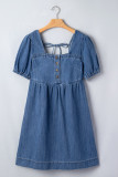 Prussian Blue Button Square Neck Short Puff Sleeve Denim Mini Dress