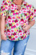 Pink Plus Size Flower Print Split V Neck Puff Short Sleeve Top