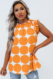 Yellow Polka Dot Print Frilled Round Neck Shift Tank Top