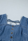 Prussian Blue Button Square Neck Short Puff Sleeve Denim Mini Dress