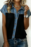 Black Textured Knit Denim Color Block Patchwork Collar Button Down Shirt