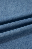 Dusk Blue Acid Wash Pintuck Tie V Neck Denim Wide Leg Jumpsuit