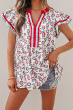 Red Sunflower Printed Contrast Trim V Neck Flutter Sleeve Blouse